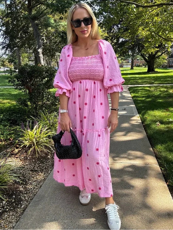 Pink Smocked Maxi Dress with Puff Sleeves - Picture 4 of 9